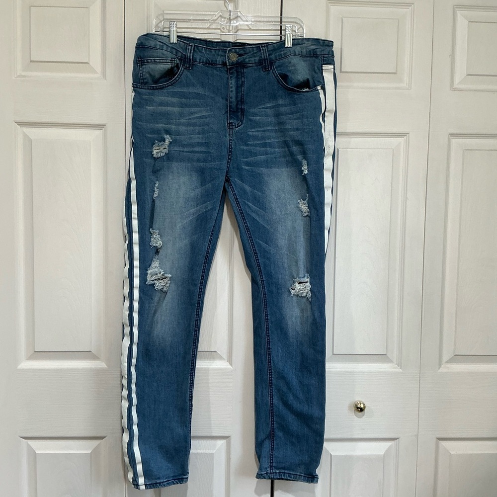 🤎 Waimea Men’s Skinny Fit Blue Distressed Denim Jeans White Side Stripes (01388)